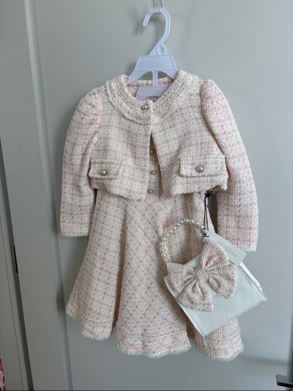 Rachel Zoe Girls Pink Tweed Jacket & Skirt Set with Bow Purse